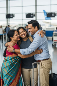 Student hugging parents at the airport before flying abroad for studies.